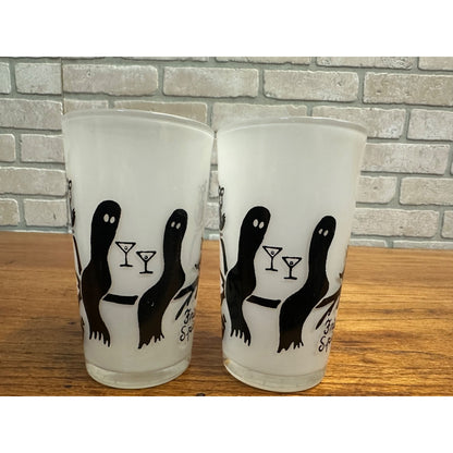 1950s HALLOWEEN FRIENDLY SPIRITS SET OF 4 GLASSES BAR SET BY FEDERAL GLASS