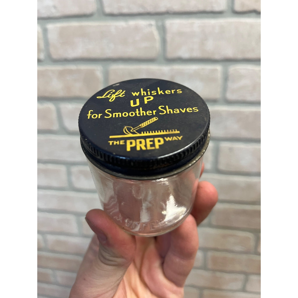 Vintage 1930's "Lift Whiskers Up for Smoother Shaves The Prep Way" Glass Jar
