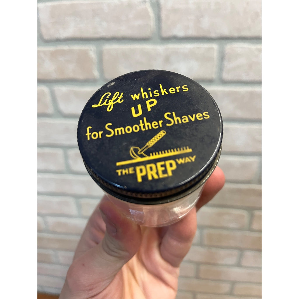 Vintage 1930's "Lift Whiskers Up for Smoother Shaves The Prep Way" Glass Jar