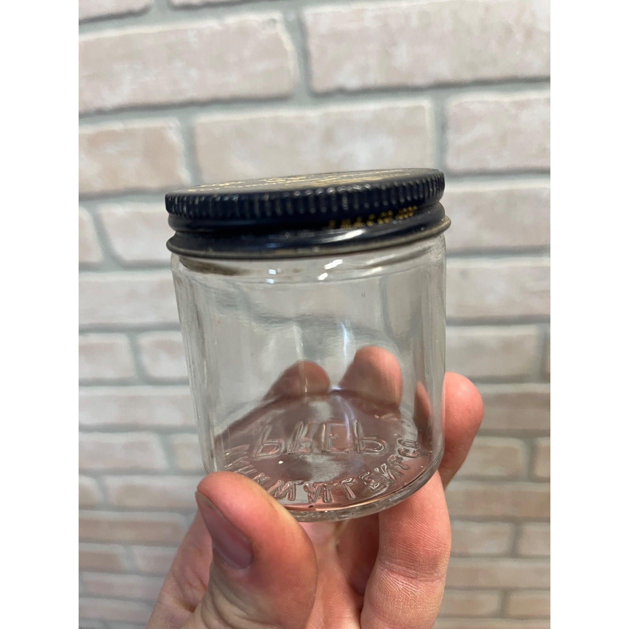Vintage 1930's "Lift Whiskers Up for Smoother Shaves The Prep Way" Glass Jar