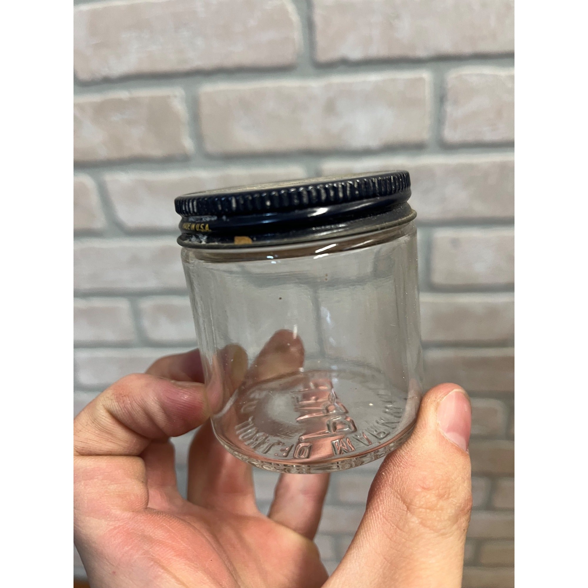 Vintage 1930's "Lift Whiskers Up for Smoother Shaves The Prep Way" Glass Jar