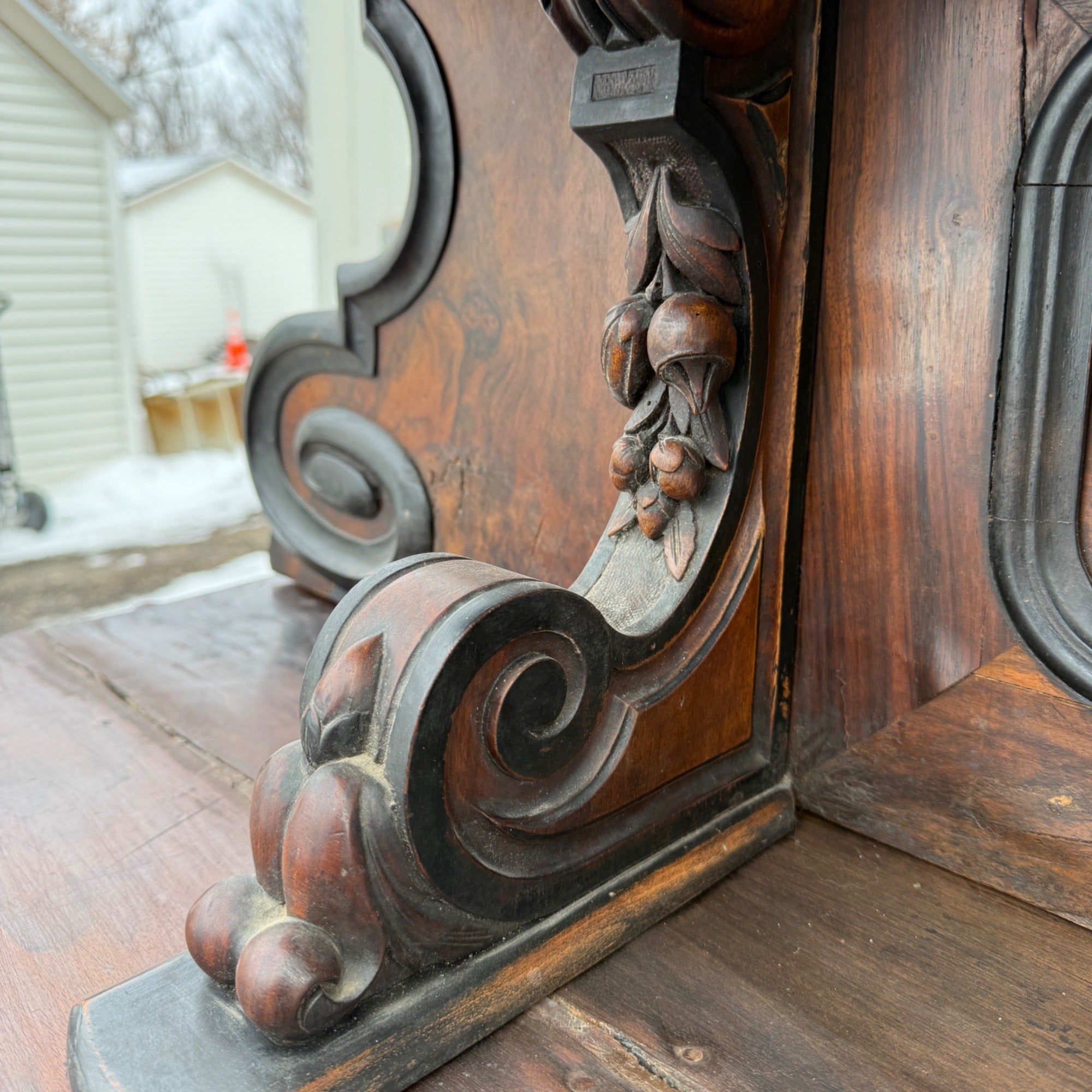 Antique French Burl Walnut Grouse Buffet Sideboard Hunter Grouse / Bird Motif