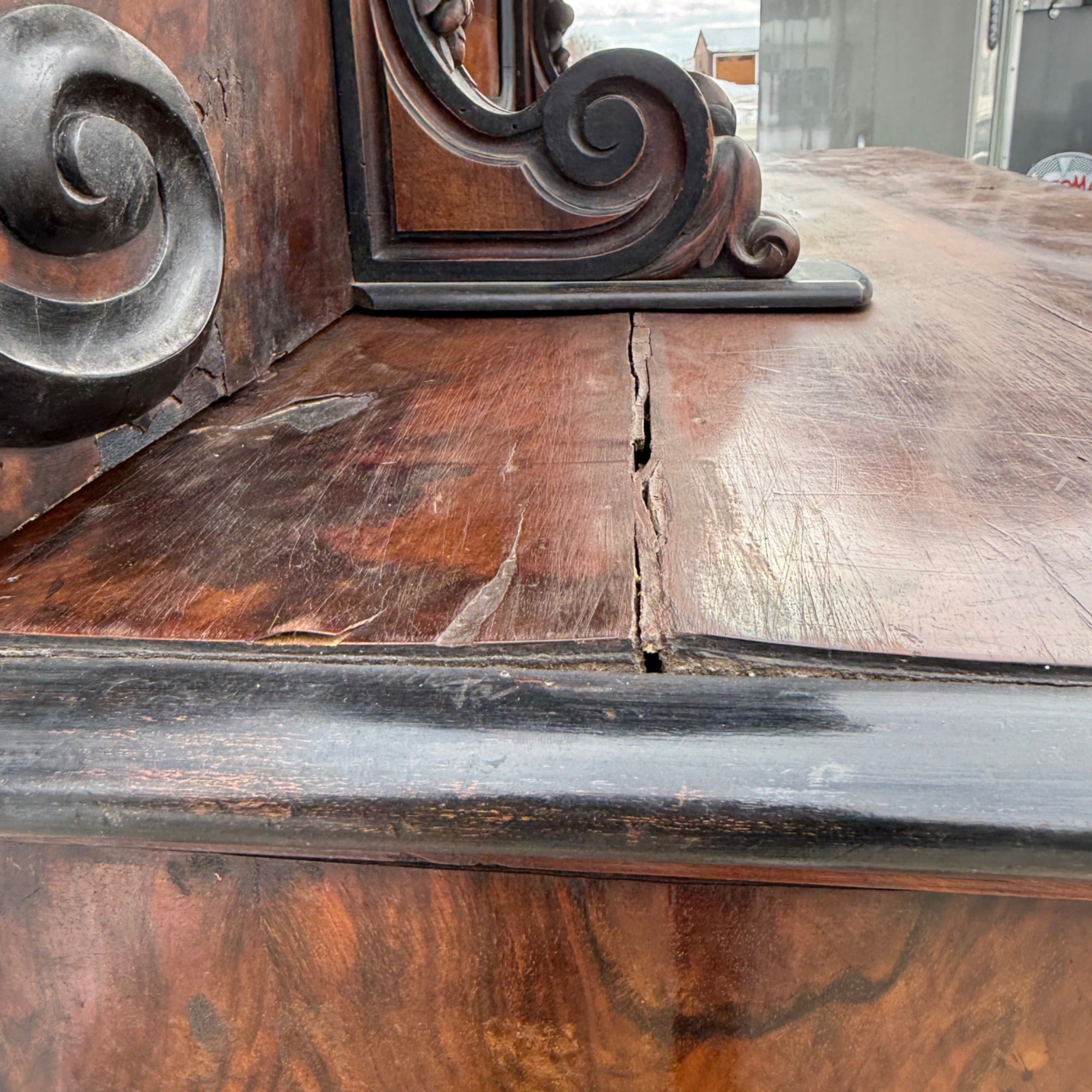 Antique French Burl Walnut Grouse Buffet Sideboard Hunter Grouse / Bird Motif