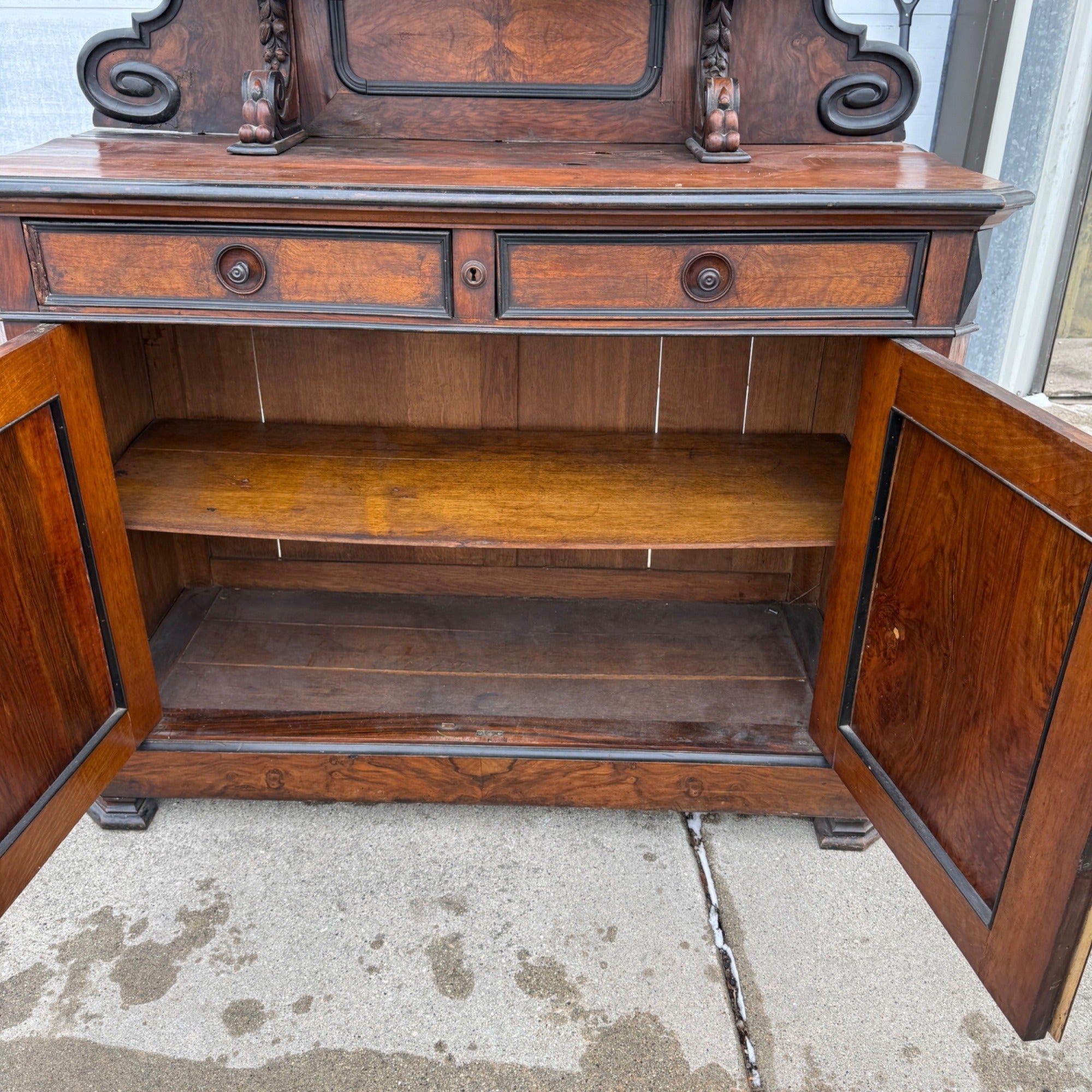Antique French Burl Walnut Grouse Buffet Sideboard Hunter Grouse / Bird Motif