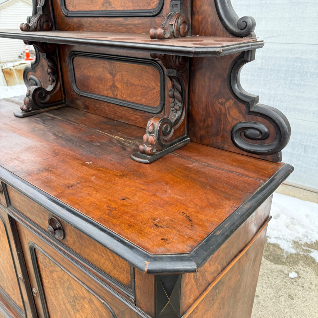 Antique French Burl Walnut Grouse Buffet Sideboard Hunter Grouse / Bird Motif