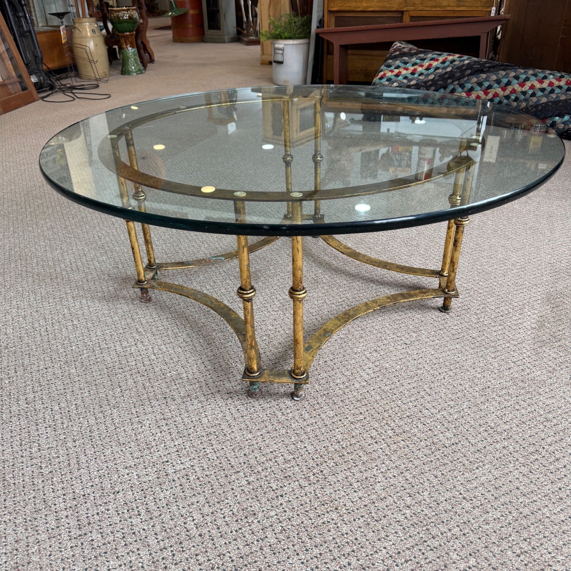 Vintage 1970s La Barge Round Gilt Iron Coffee Table Glass Top MCM French Regency