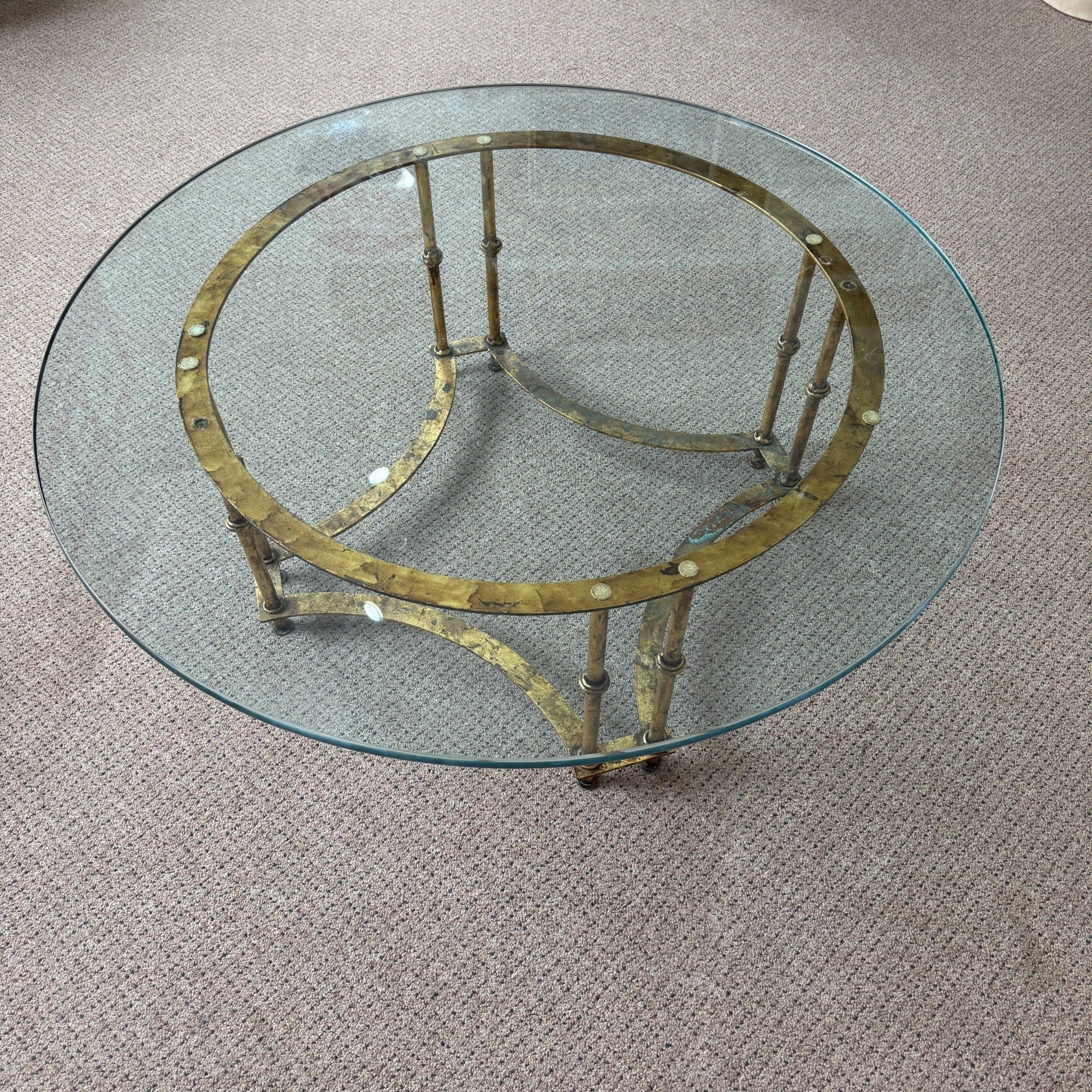 Vintage 1970s La Barge Round Gilt Iron Coffee Table Glass Top MCM French Regency