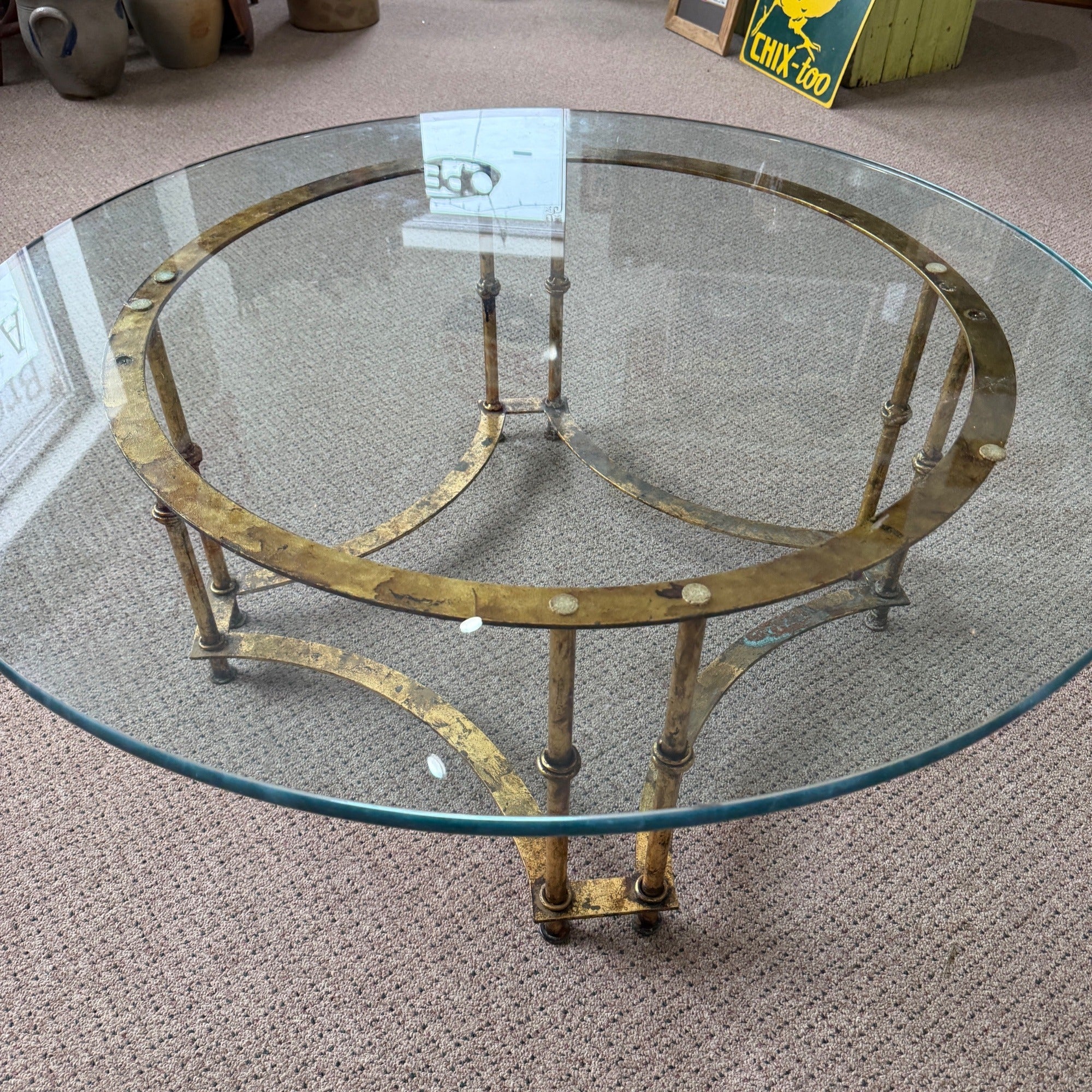 Vintage 1970s La Barge Round Gilt Iron Coffee Table Glass Top MCM French Regency
