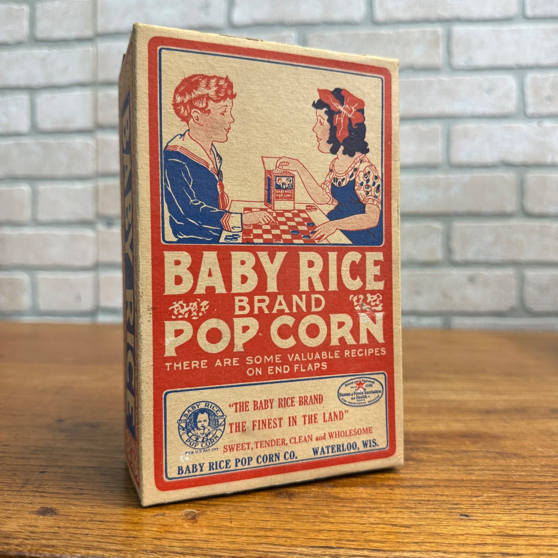 Vintage Baby Rice Popcorn Box Waterloo Wisconsin Advertising Kitchen Decor