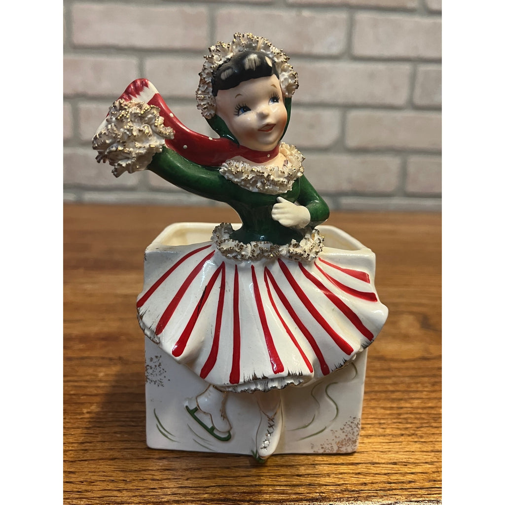 RARE Vintage 1950s Relpo Christmas Girl Skating Planter A868 w/ Spaghetti Trim