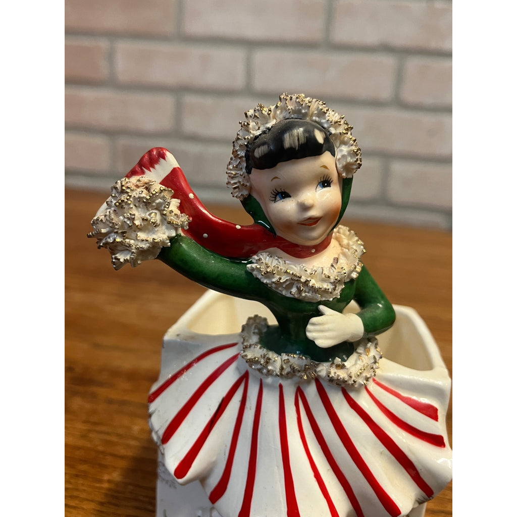 RARE Vintage 1950s Relpo Christmas Girl Skating Planter A868 w/ Spaghetti Trim