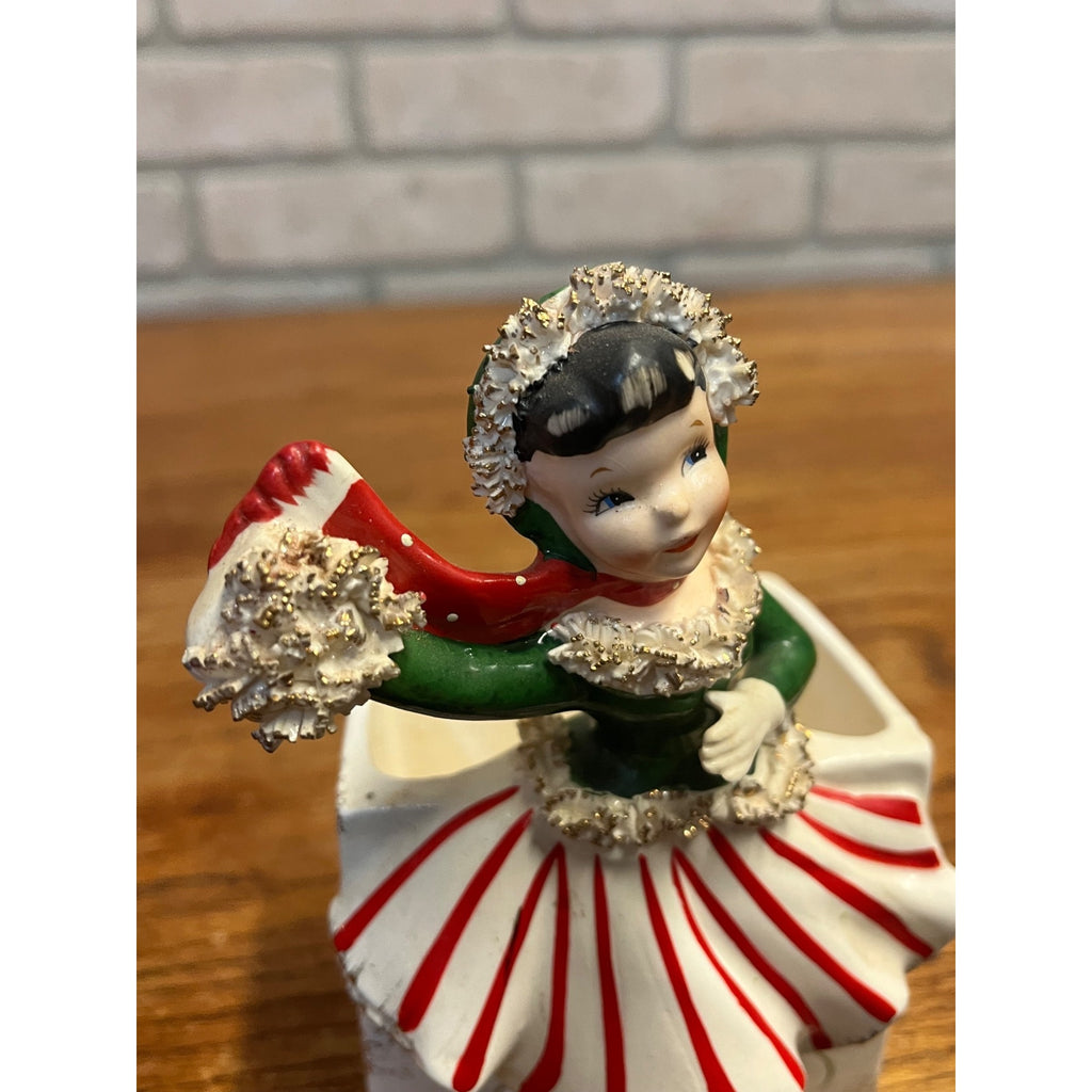 RARE Vintage 1950s Relpo Christmas Girl Skating Planter A868 w/ Spaghetti Trim