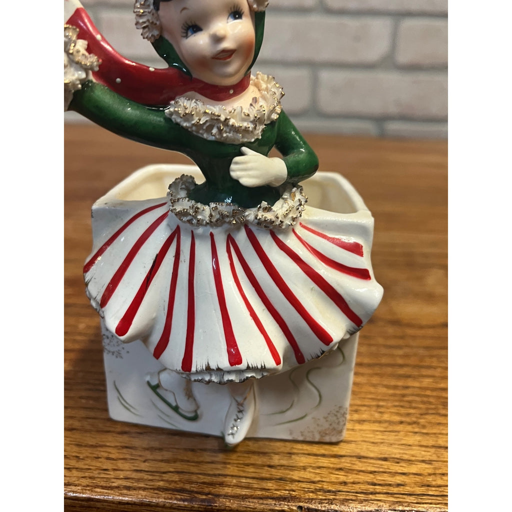 RARE Vintage 1950s Relpo Christmas Girl Skating Planter A868 w/ Spaghetti Trim