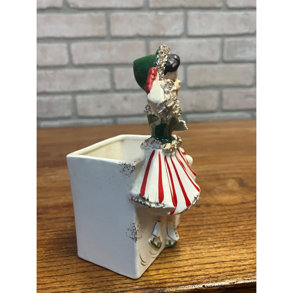RARE Vintage 1950s Relpo Christmas Girl Skating Planter A868 w/ Spaghetti Trim