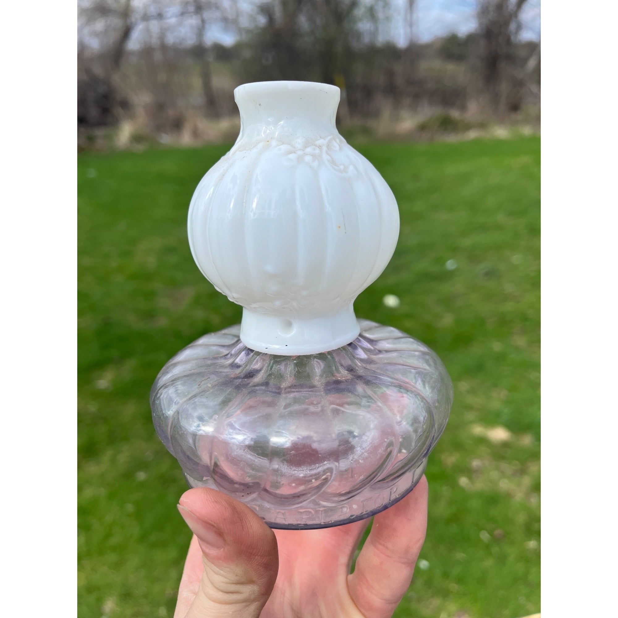 Antique 1895 Purple Font Miniature Glow Night Lamp Fairy w/ Milk Glass Chimney
