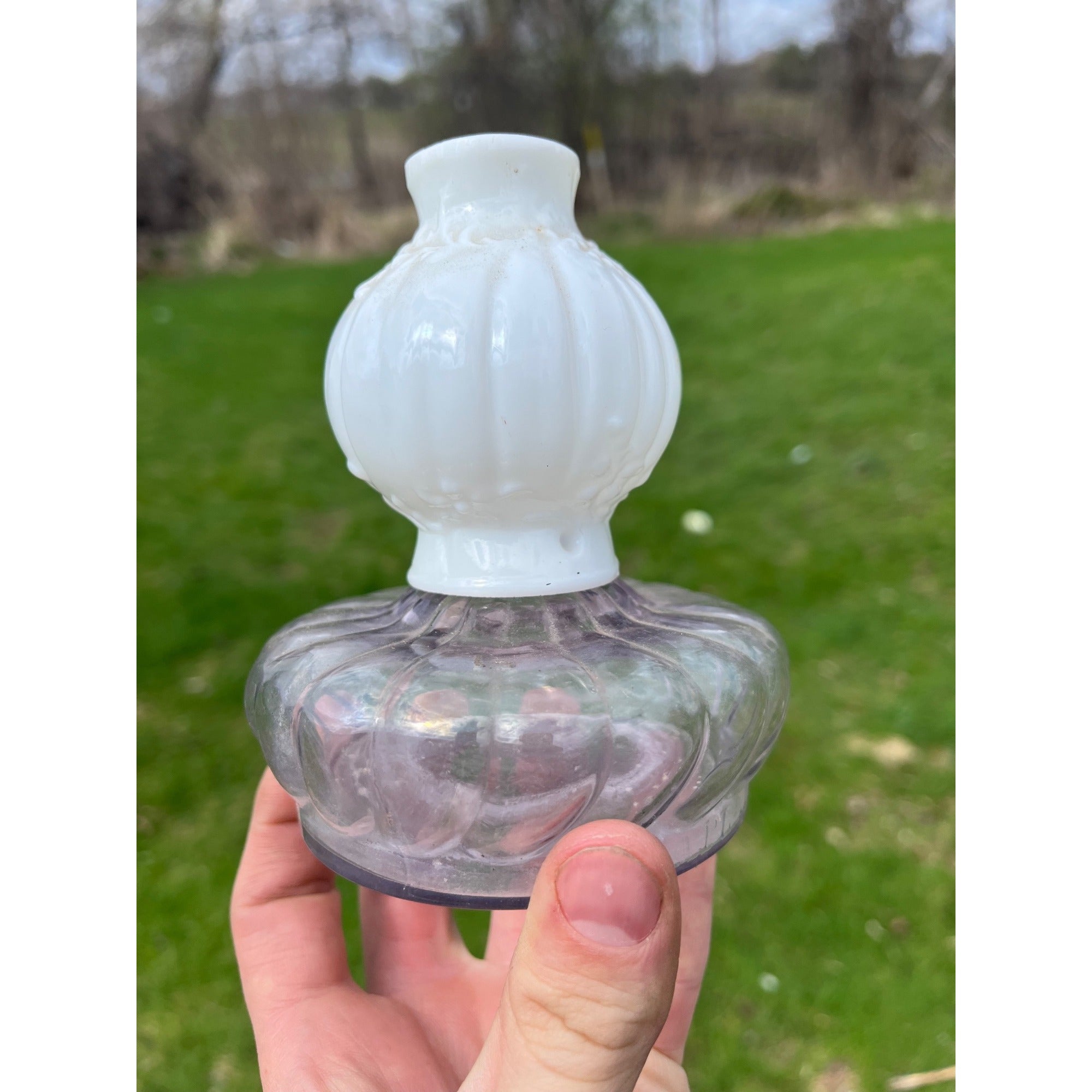 Antique 1895 Purple Font Miniature Glow Night Lamp Fairy w/ Milk Glass Chimney