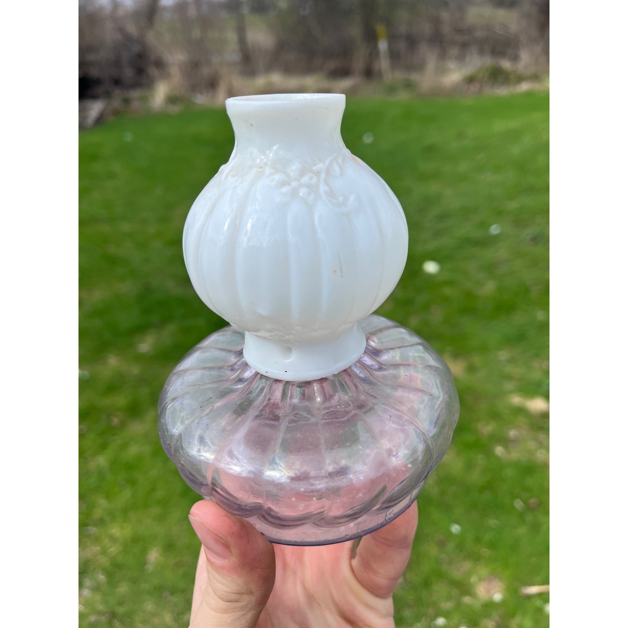 Antique 1895 Purple Font Miniature Glow Night Lamp Fairy w/ Milk Glass Chimney