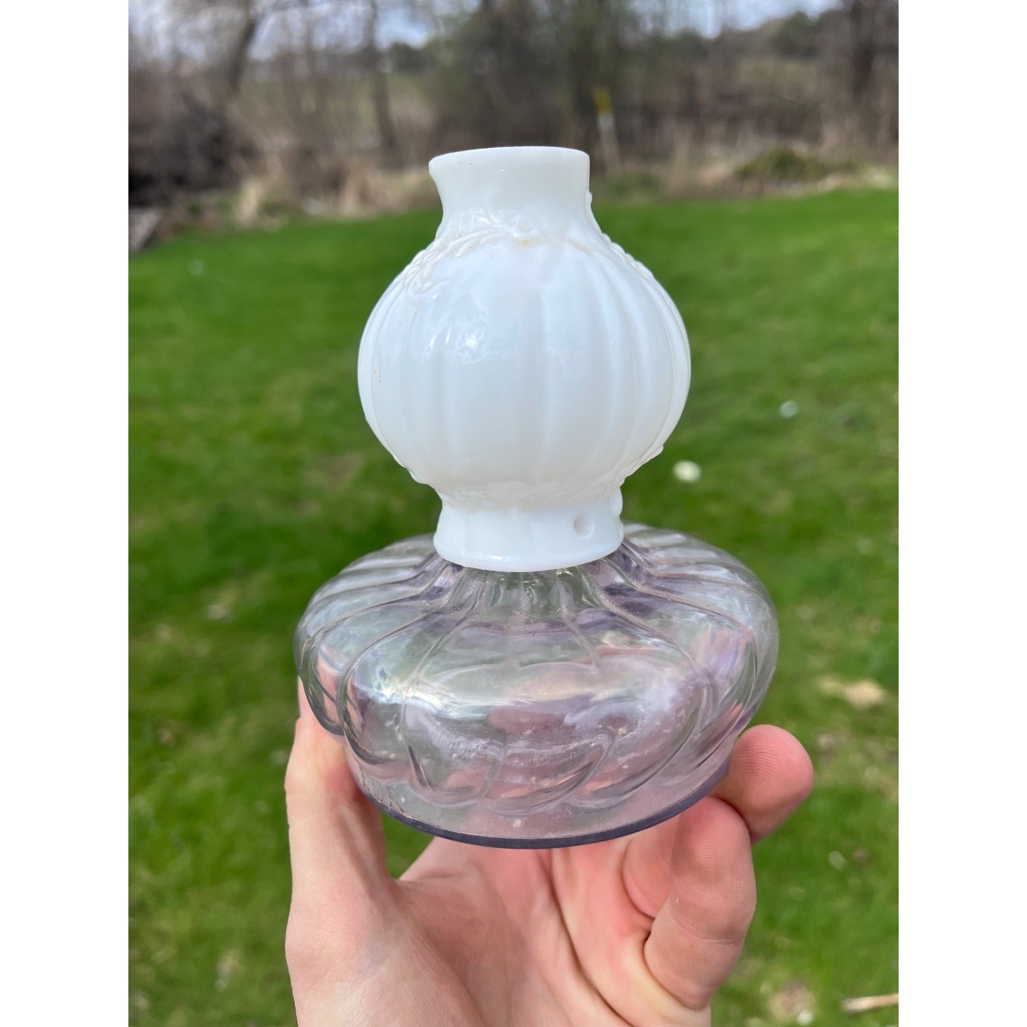 Antique 1895 Purple Font Miniature Glow Night Lamp Fairy w/ Milk Glass Chimney