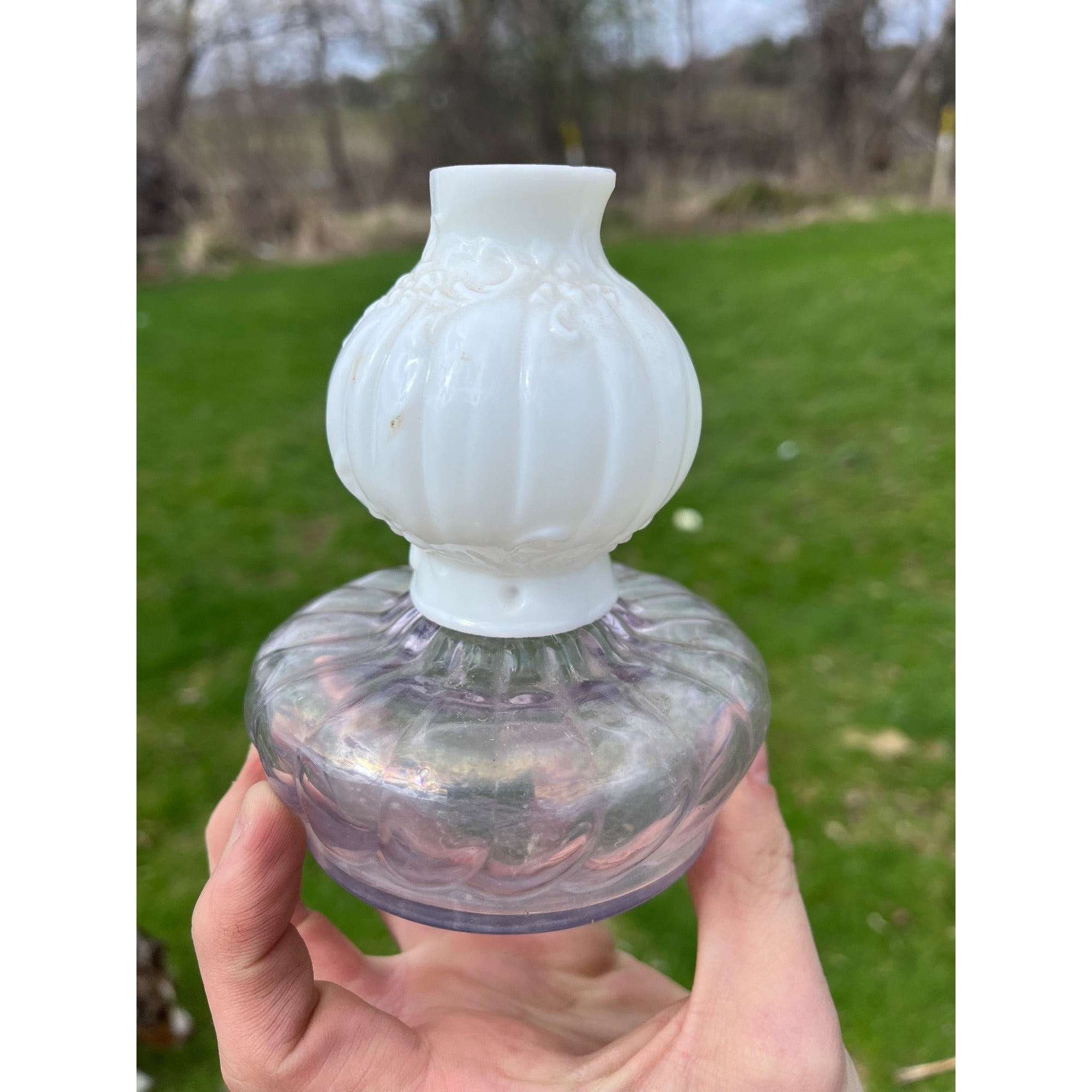 Antique 1895 Purple Font Miniature Glow Night Lamp Fairy w/ Milk Glass Chimney
