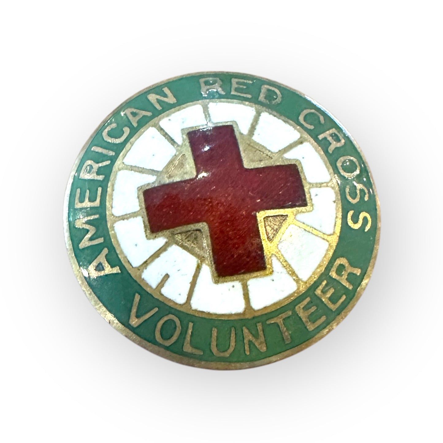 Vintage 7/8" Red Cross Green Enamel Volunteer Pin