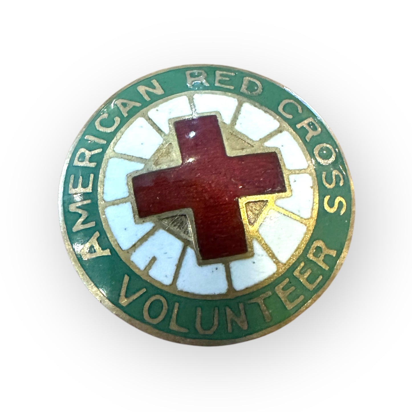 Vintage 7/8" Red Cross Green Enamel Volunteer Pin