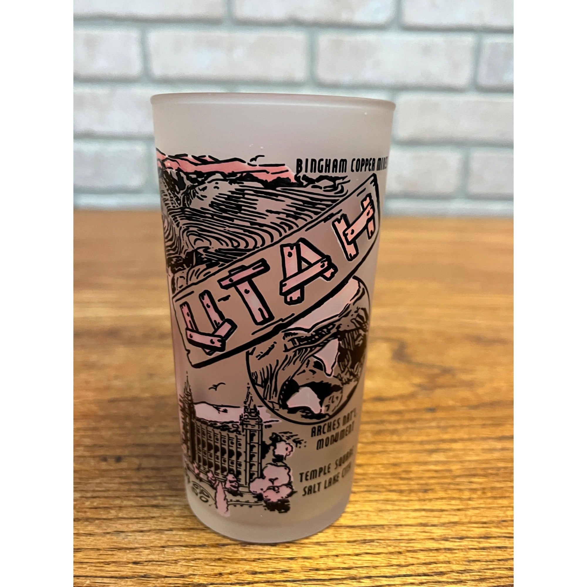 Vintage Frosted State Drinking Glass Utah Hazel Atlas Map and Attractions Mormon
