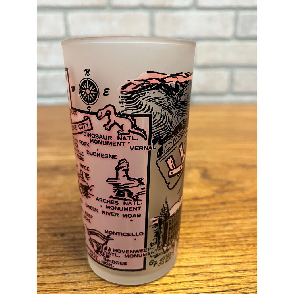 Vintage Frosted State Drinking Glass Utah Hazel Atlas Map and Attractions Mormon