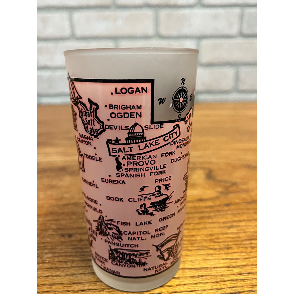 Vintage Frosted State Drinking Glass Utah Hazel Atlas Map and Attractions Mormon