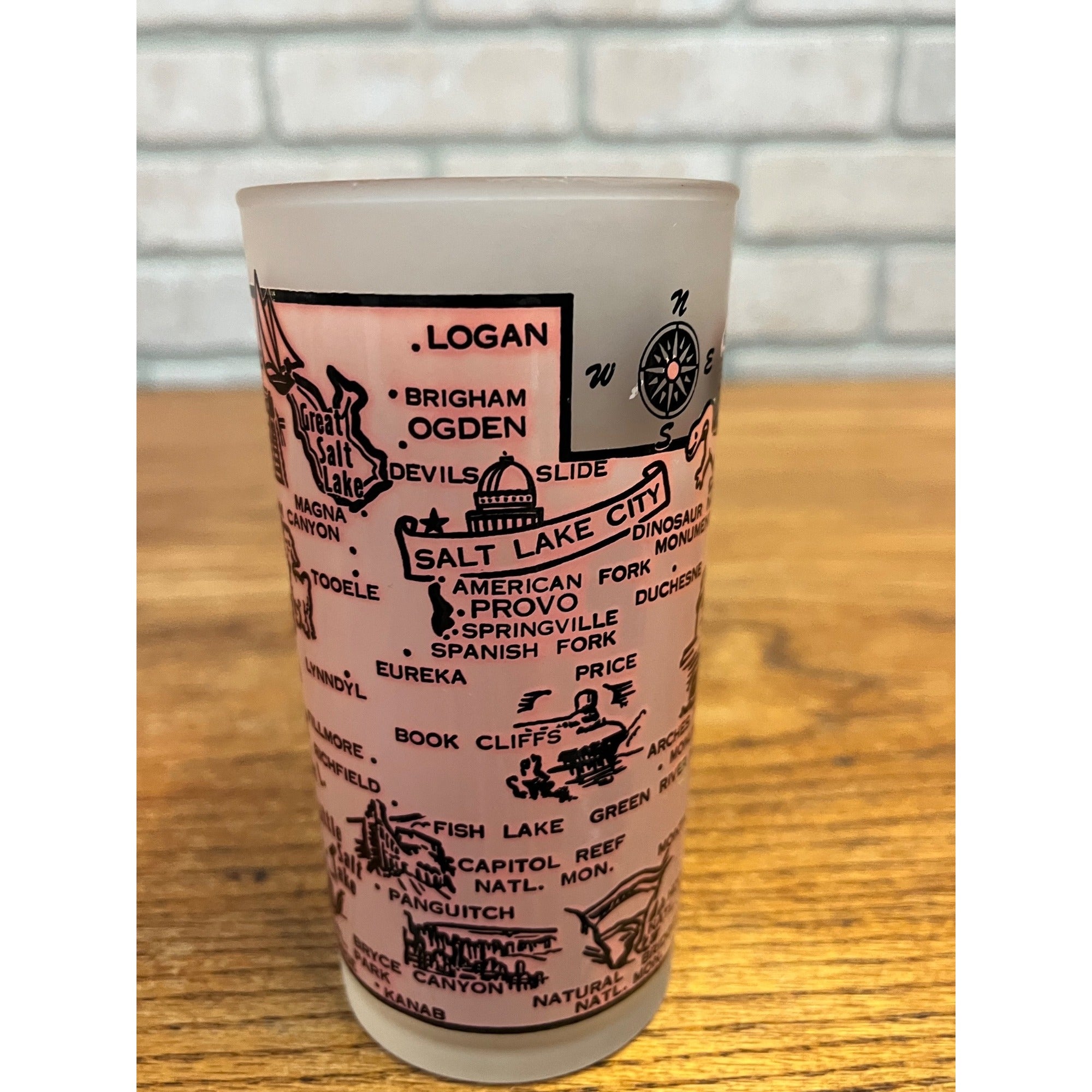 Vintage Frosted State Drinking Glass Utah Hazel Atlas Map and Attractions Mormon