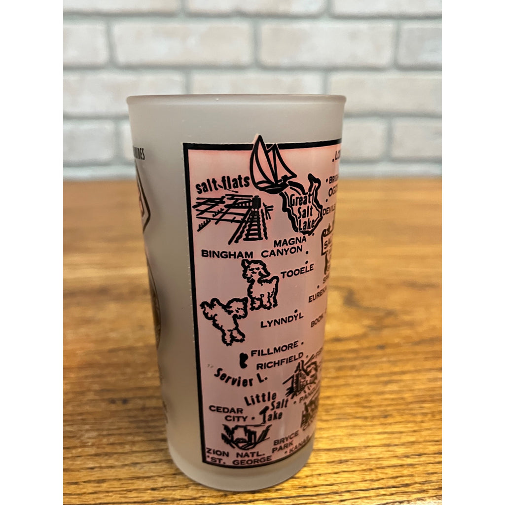 Vintage Frosted State Drinking Glass Utah Hazel Atlas Map and Attractions Mormon