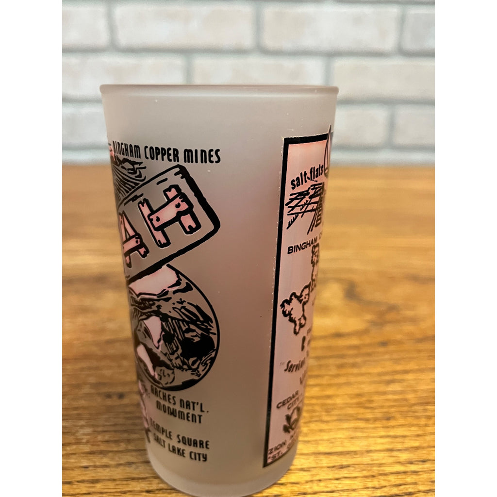 Vintage Frosted State Drinking Glass Utah Hazel Atlas Map and Attractions Mormon