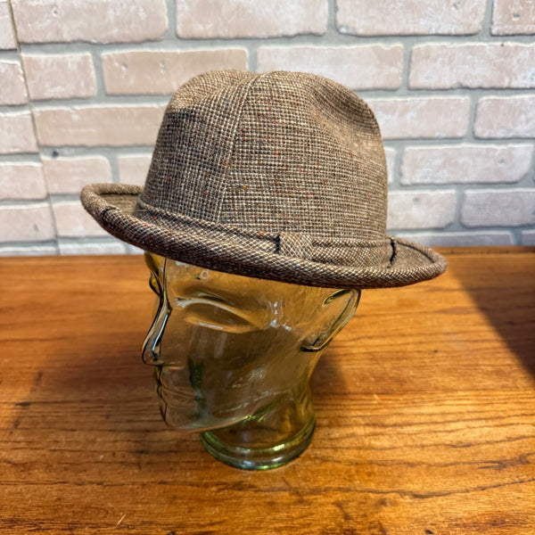 Vintage Tweed Fedora Hat Size 6-7/8 Brown Speckled Textured Fabric Pattern Lined Mid-Century