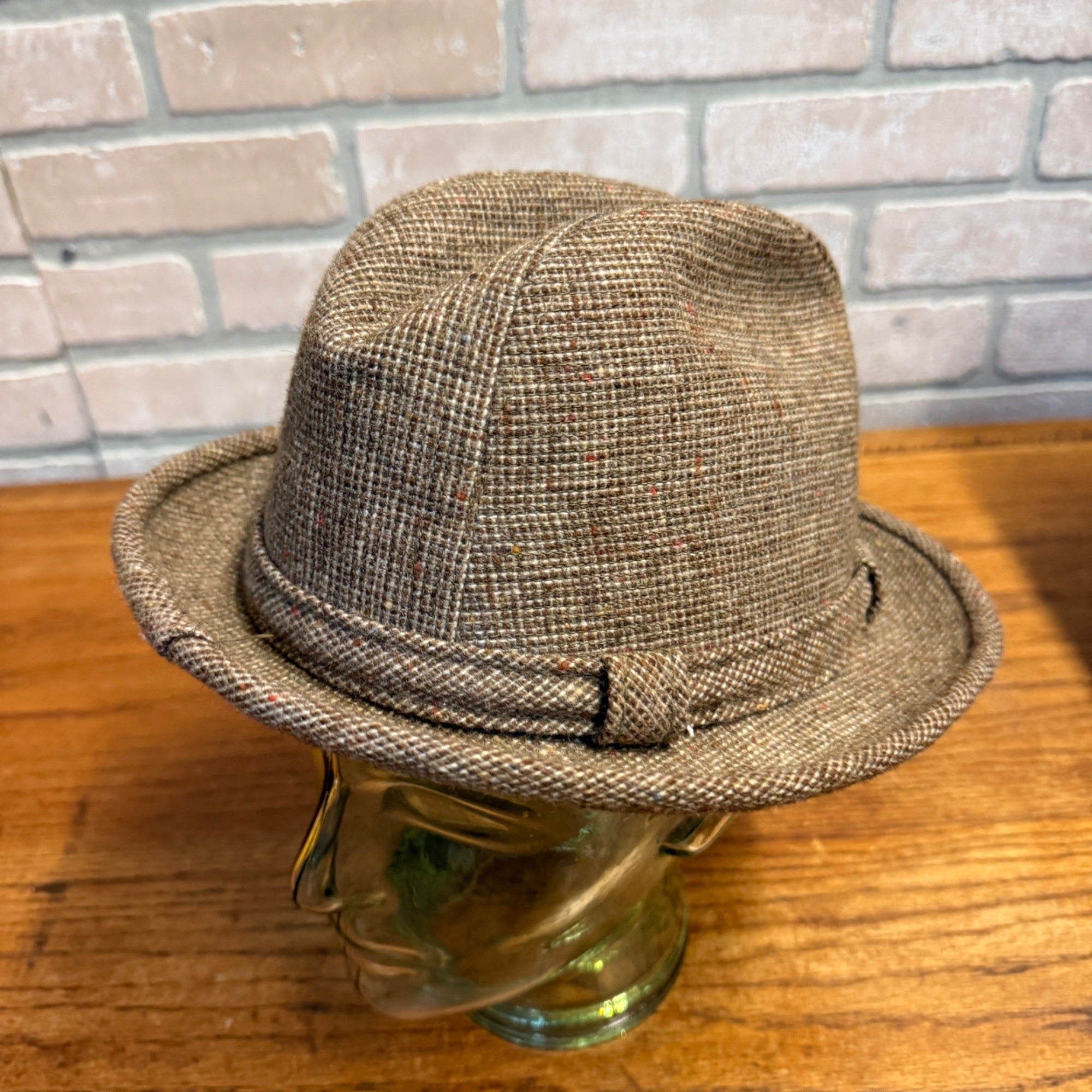 Vintage Tweed Fedora Hat Size 6-7/8 Brown Speckled Textured Fabric Pattern Lined Mid-Century
