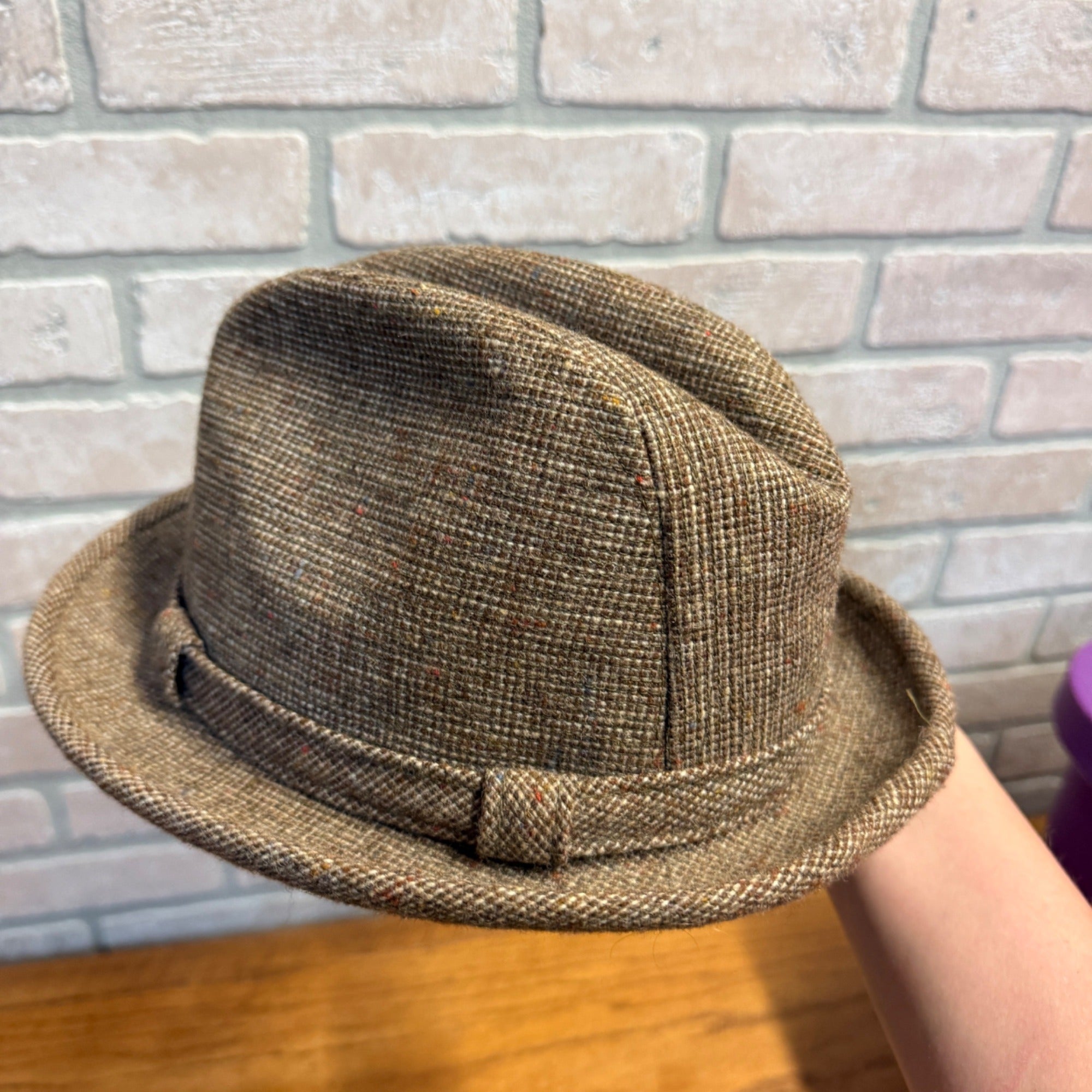 Vintage Tweed Fedora Hat Size 6-7/8 Brown Speckled Textured Fabric Pattern Lined Mid-Century
