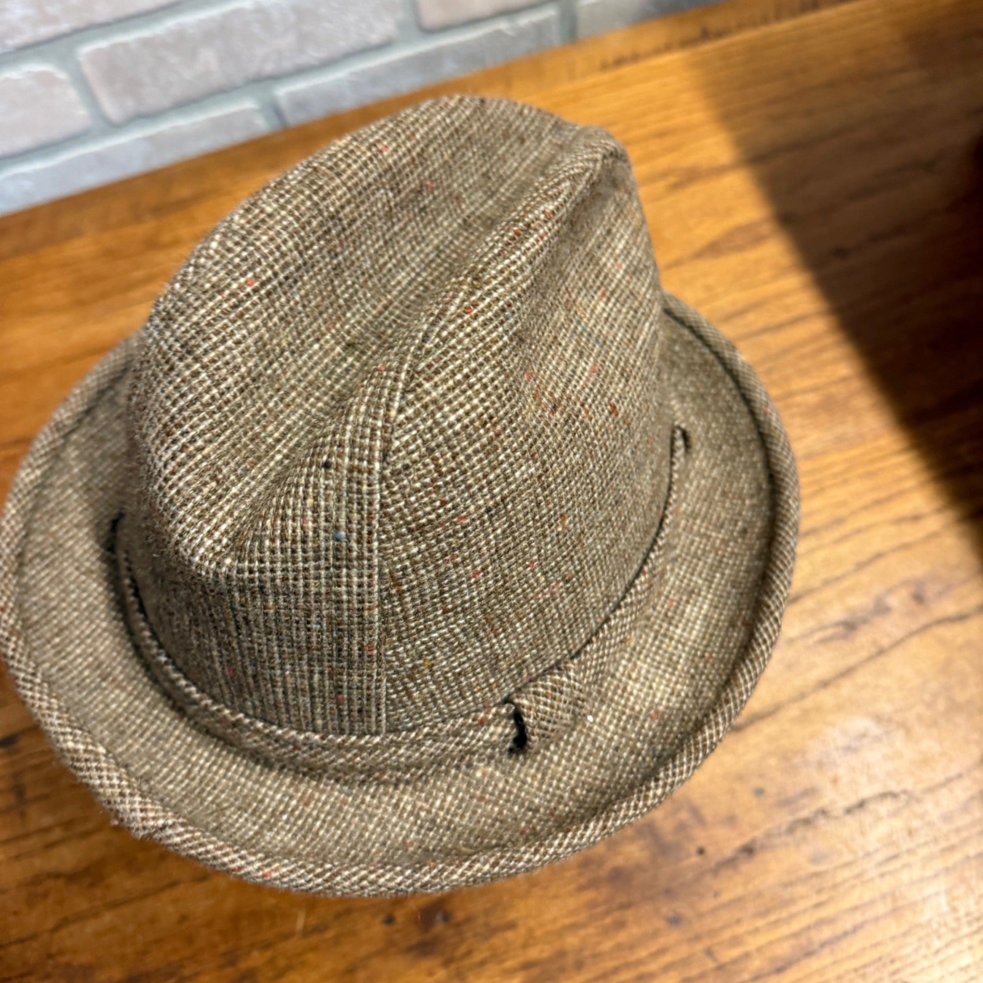 Vintage Tweed Fedora Hat Size 6-7/8 Brown Speckled Textured Fabric Pattern Lined Mid-Century