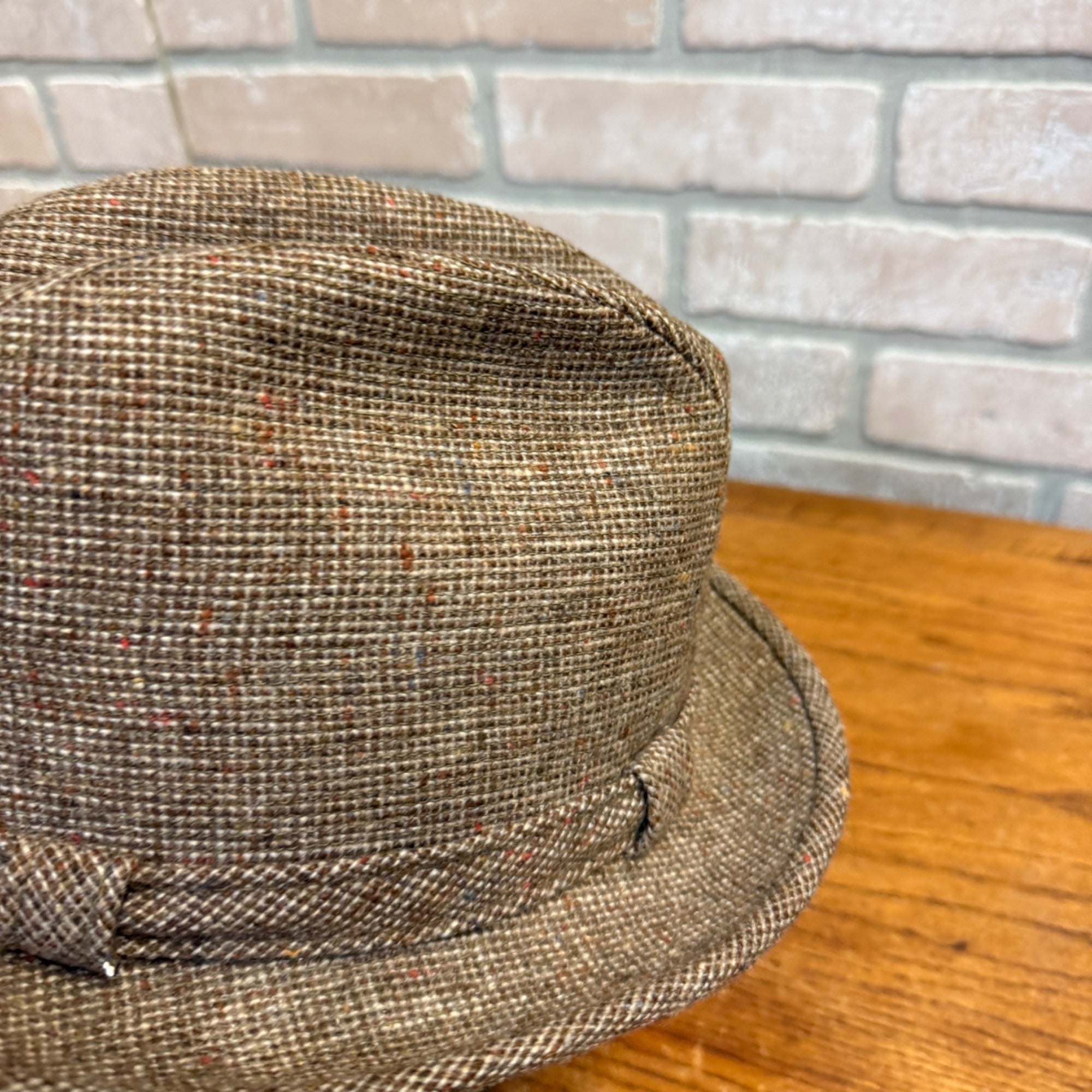 Vintage Tweed Fedora Hat Size 6-7/8 Brown Speckled Textured Fabric Pattern Lined Mid-Century
