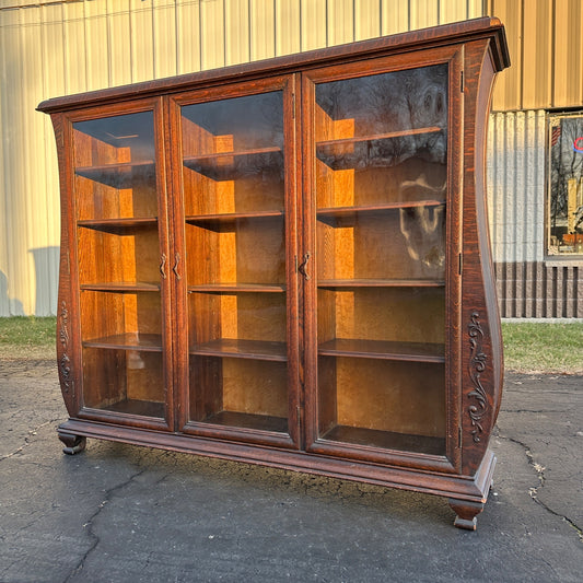 Antique Early 1900s Tiger Oak Veneer Book Case Display Cabinet