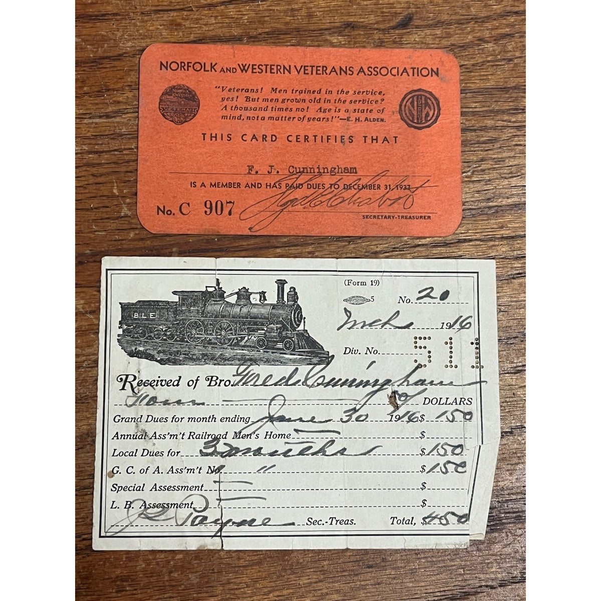 1916 B.L.E. Brotherhood Locomotive Engineers + Norfolk Western N&W Railroad Card