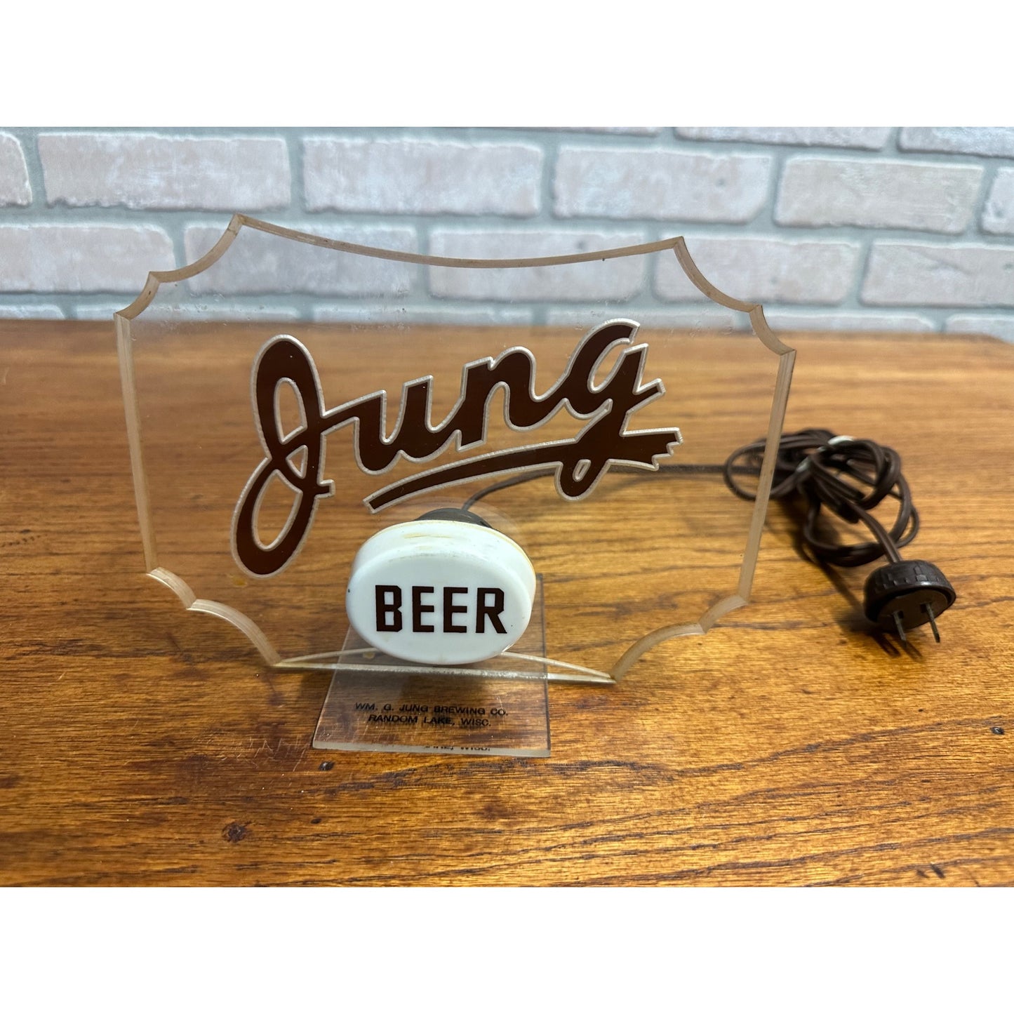 RARE Vintage 1930s Jung Beer Lighted Acrylic Advertising Bar Sign Random Lake Wisconsin