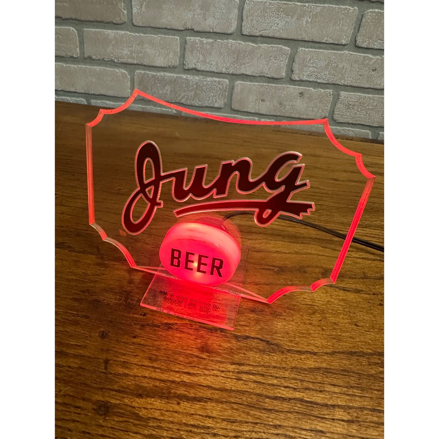 RARE Vintage 1930s Jung Beer Lighted Acrylic Advertising Bar Sign Random Lake Wisconsin