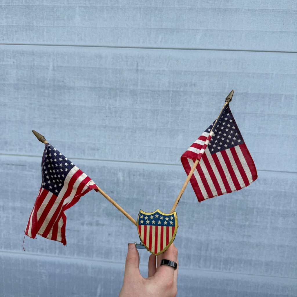 Vintage 1930s United States Patriotic American Automobile Radiator 5 Flag Holder Emblem Hood Ornament Badge