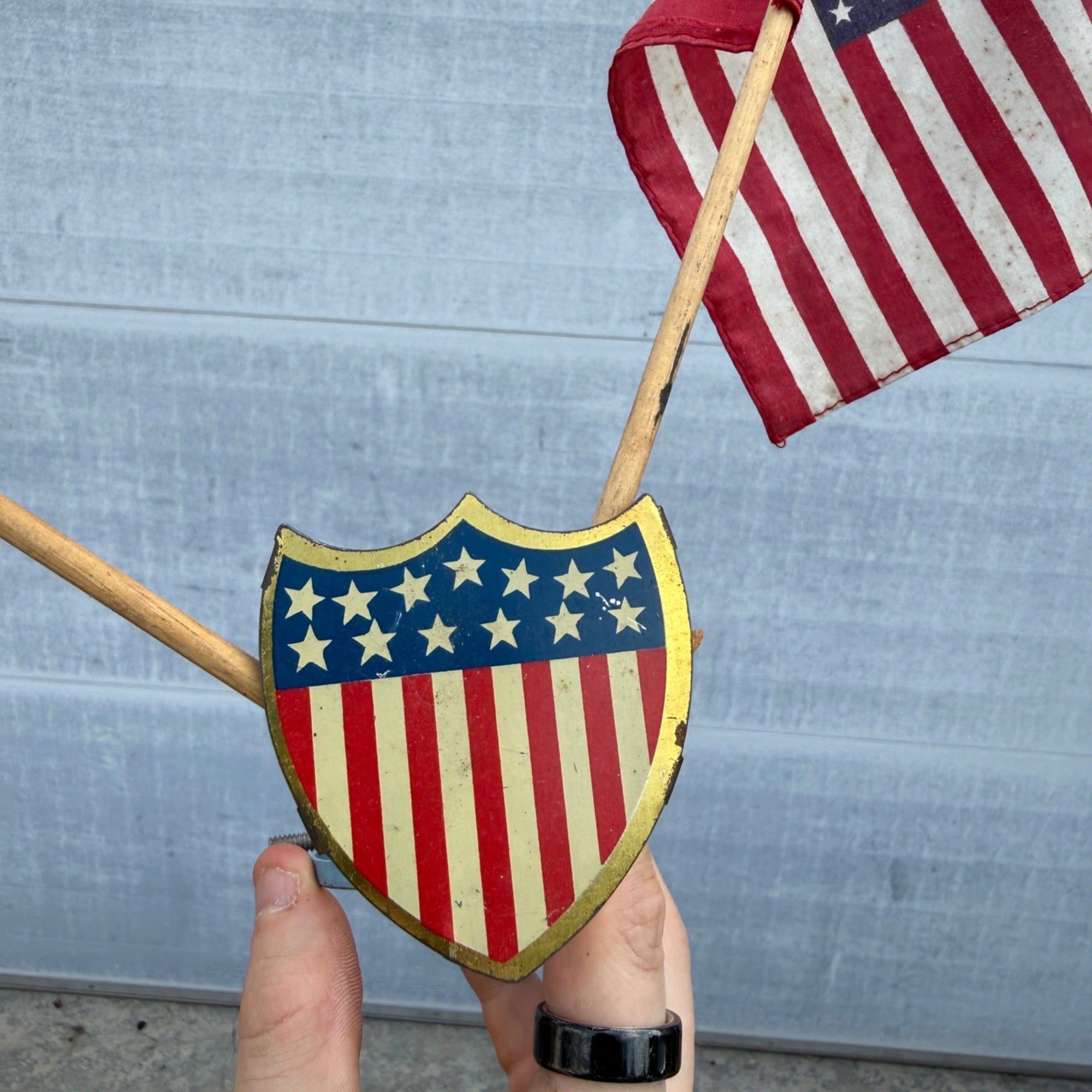 Vintage 1930s United States Patriotic American Automobile Radiator 5 Flag Holder Emblem Hood Ornament Badge