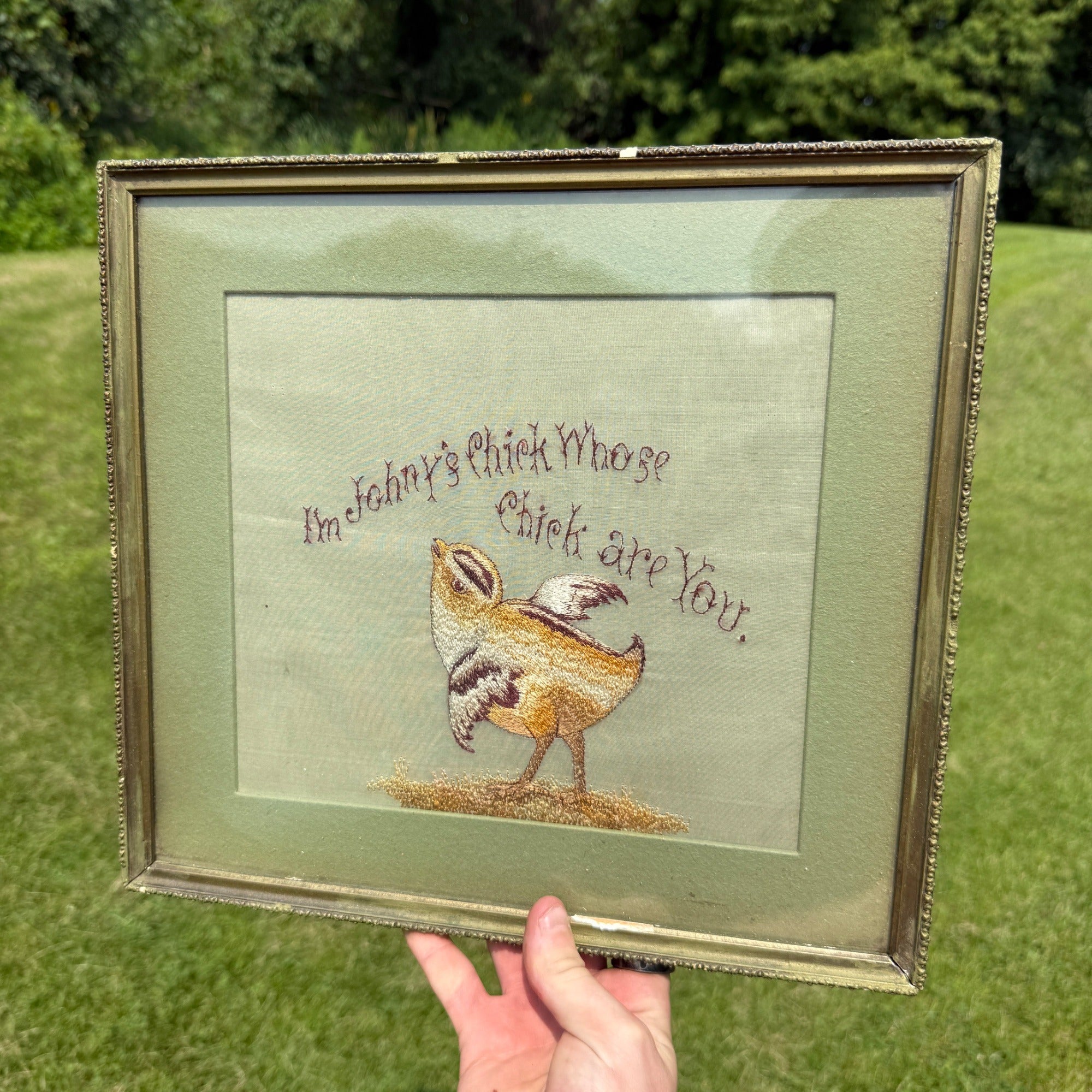 Original Antique Primitive Stitched Sampler Baby Chick Farmhouse Country Framed