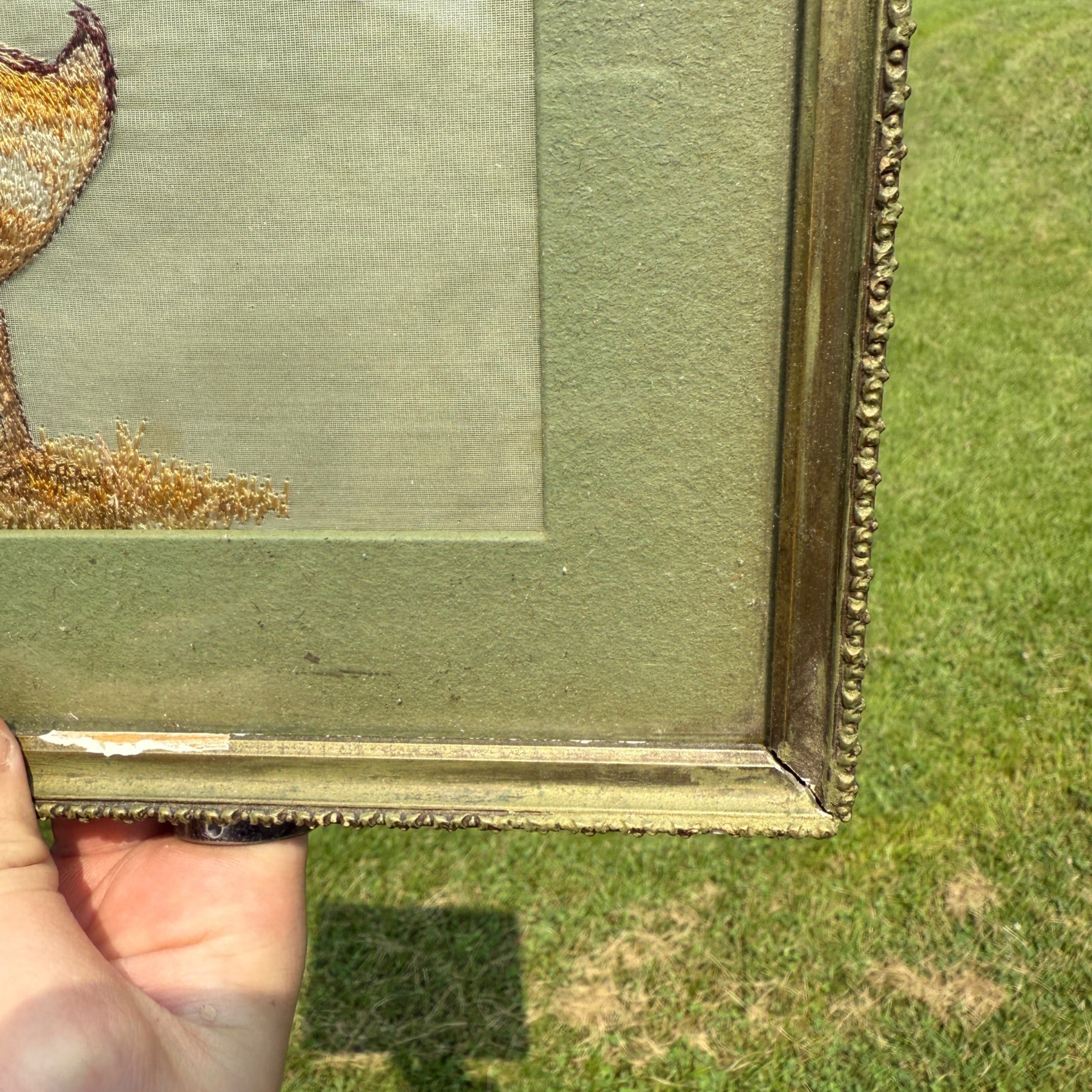 Original Antique Primitive Stitched Sampler Baby Chick Farmhouse Country Framed