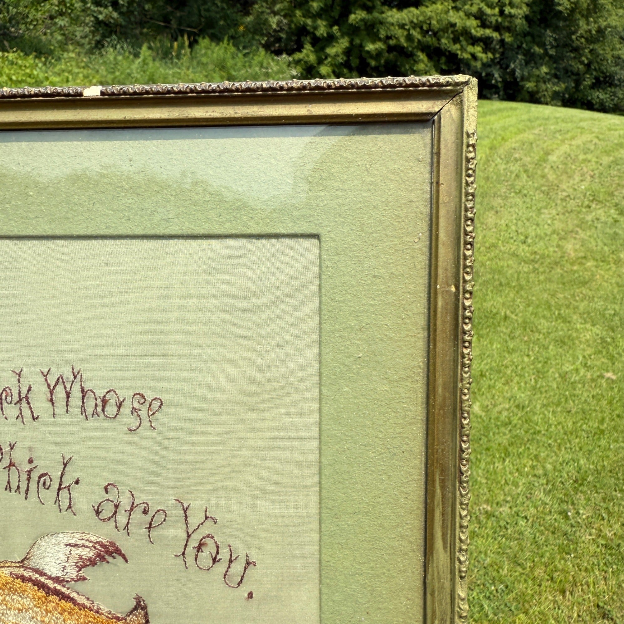 Original Antique Primitive Stitched Sampler Baby Chick Farmhouse Country Framed