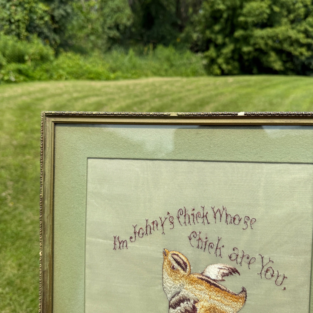 Original Antique Primitive Stitched Sampler Baby Chick Farmhouse Country Framed