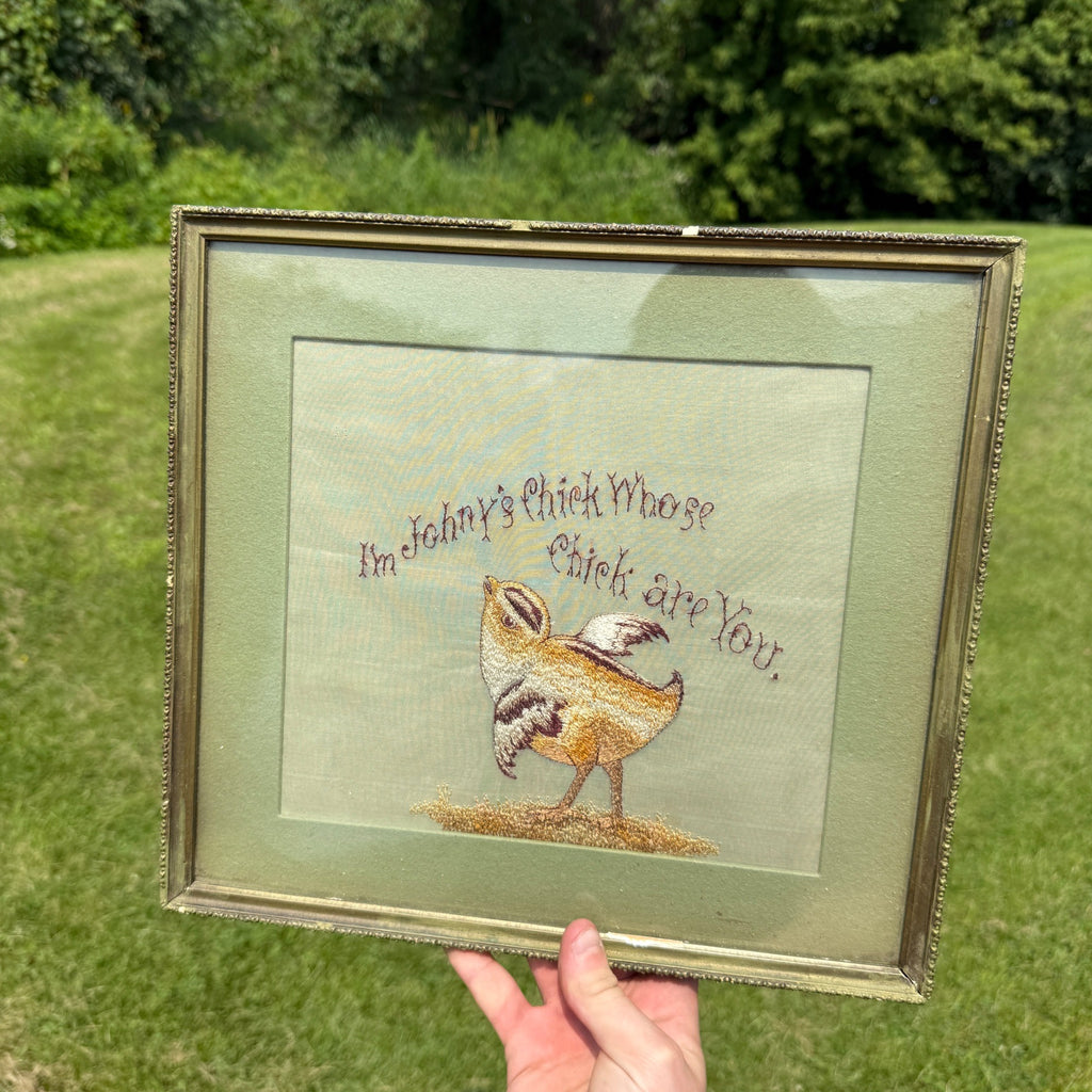 Original Antique Primitive Stitched Sampler Baby Chick Farmhouse Country Framed