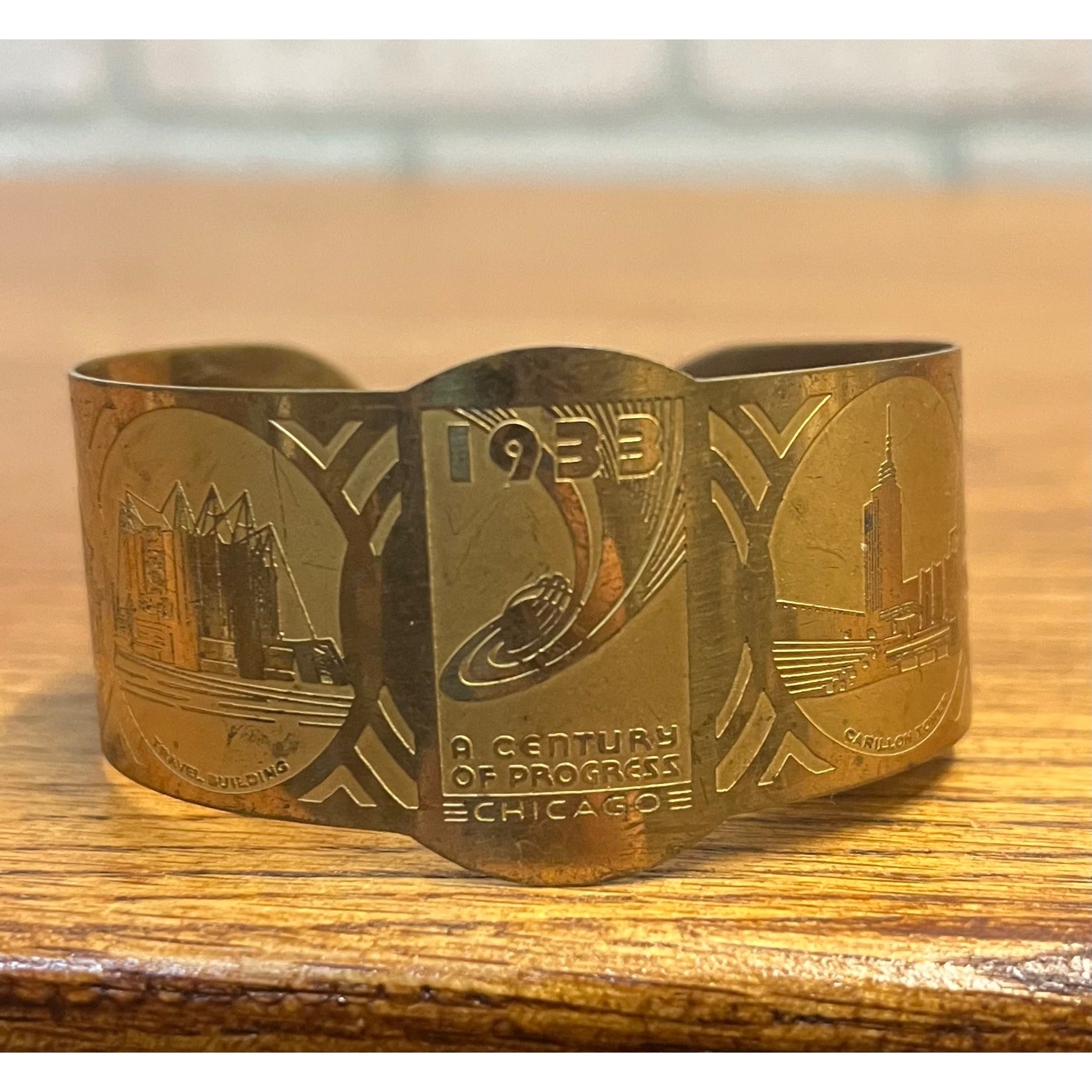 Vintage 1933 Chicago World's Fair Brass Cuff Bracelet Century of Progress