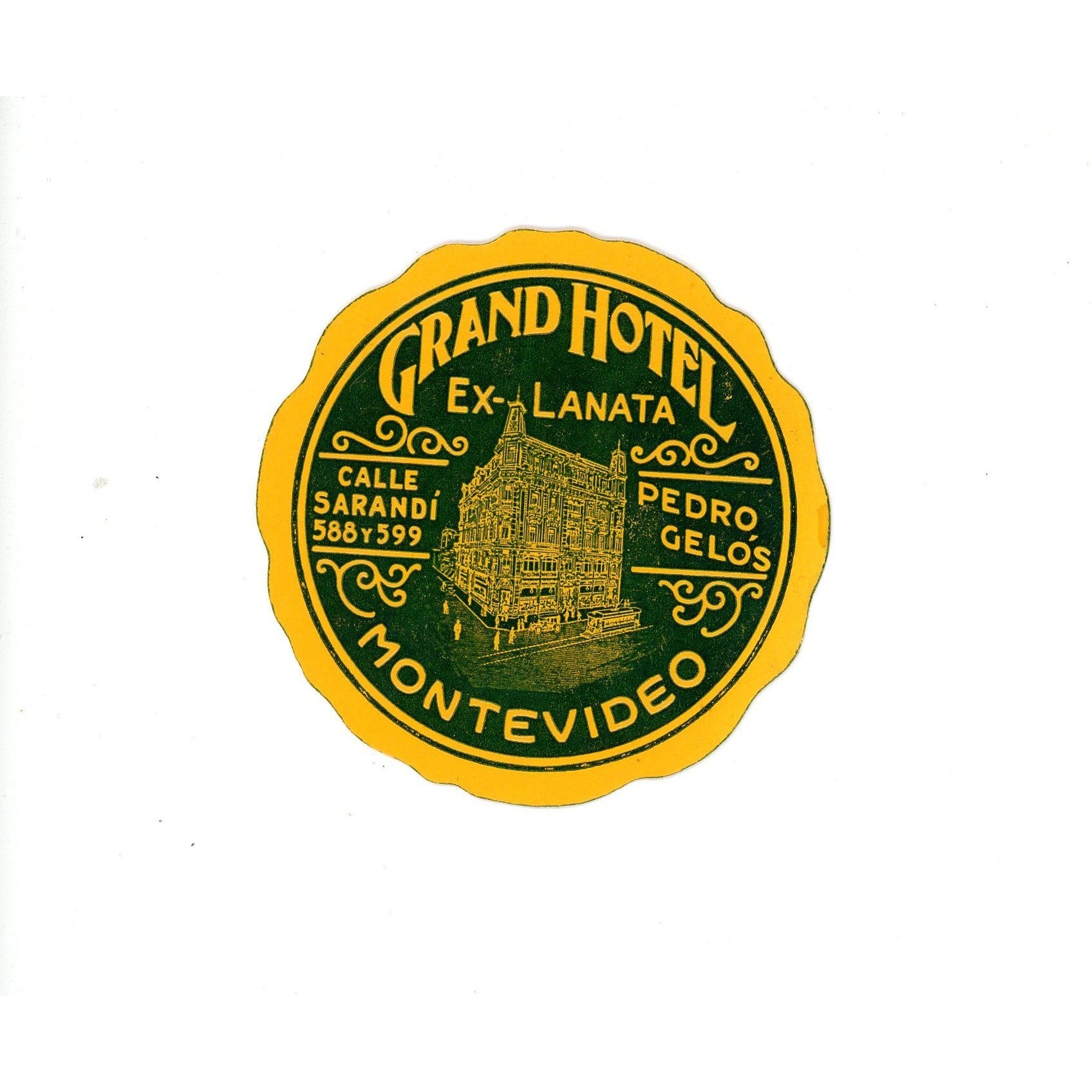1920s Vintage, old luggage, baggage label - Grand Hotel Ex-Lanata - Montevideo, URUGUAY