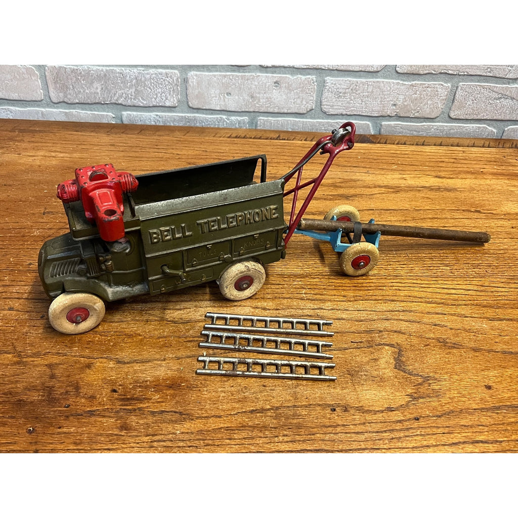 Original 1929 Hubley 10” Mack Bell Telephone Truck w/ Trailer - Superb Example